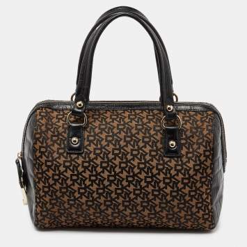 Pre Owned DKNY Brown/Black Signature Canvas and Croc Embossed Leather Satchel