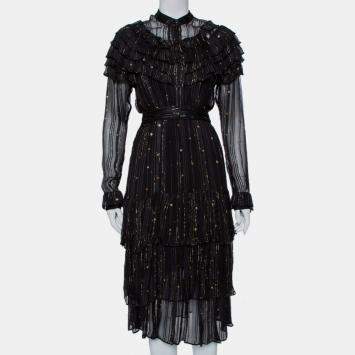 Pre Owned Dodo Bar Or Black Lurex Chiffon Ruffle Detail Tiered Belted Midi Dress M