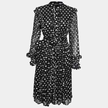 Pre Owned Dodo Baror Black & Silver Polka Dotted Chiffon Ruffle Trimmed Belted Dress M