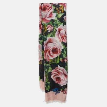 Pre Owned Dolce & Gabbana Black/Pink Rose Print Modal & Cashmere Scarf