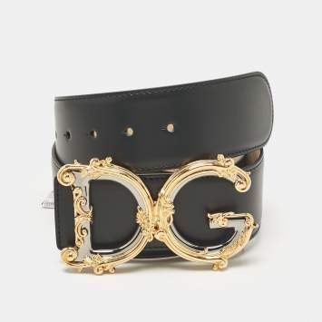 Pre Owned Dolce & Gabbana Black Leather Baroque Logo Buckle Belt 85CM