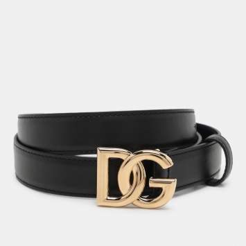 Pre Owned Dolce & Gabbana Black Leather DG Logo Buckle Belt 90 CM