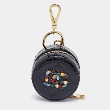 Pre Owned Dolce & Gabbana Black Patent Leather DG Crystal Embellished Key Chain Purse