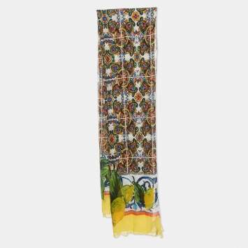 Pre Owned Dolce & Gabbana Yellow/Blue Majolica Print Crinkle Silk Stole