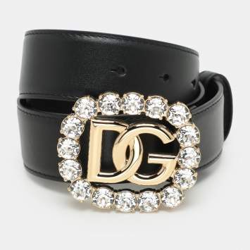 Dolce & Gabbana Black Leather Crystal Embellished Logo Belt 65CM