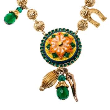 Pre Owned Dolce & Gabbana Multicolor Crystal Gold Tone Filigree Beaded Charm Necklace