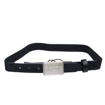 Pre Owned Dolce & Gabbana Black Leather and Elastic Logo Plaque Belt 63CM