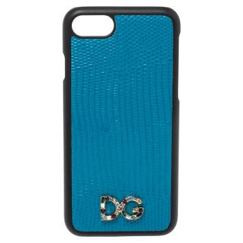 Pre Owned Dolce & Gabbana Blue Lizard Effect Leather Crystal Logo iPhone 7 Cover