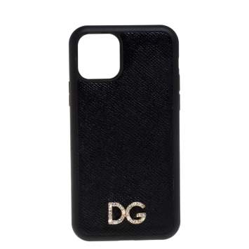 Pre Owned Dolce & Gabbana Black Leather Crystal Logo iPhone 12 Case