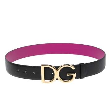 Pre Owned Dolce & Gabbana Black/Pink Leather DG Logo Buckle Belt 90M