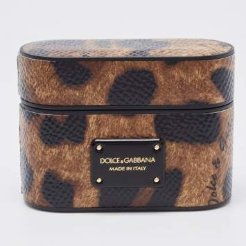 Pre Owned Dolce & Gabbana Brown/Black Leopard Print Leather Airpods Case