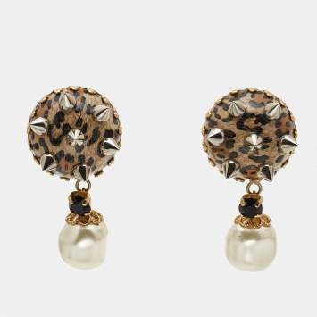 Pre Owned Dolce & Gabbana Leopard-Printed Spikes Faux Pearl Crystal Two Tone Clip-on Earrings 