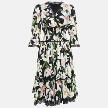Pre Owned Dolce & Gabbana Black Lily Print Cotton and Lace Midi Length Dress M