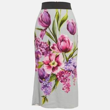Pre Owned Dolce & Gabbana Grey Floral Print Crepe Midi Skirt S