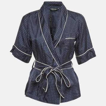 Pre Owned Dolce & Gabbana Navy Blue Polka Dots Print Silk Belted Blouse S