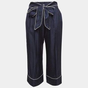 Pre Owned Dolce & Gabbana Navy Blue Polka Dots Print Silk Wide Leg Pants S