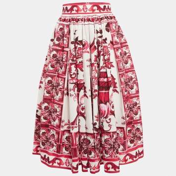 Pre Owned Dolce & Gabbana Pink Majolica Print Poplin Flared Midi Skirt S