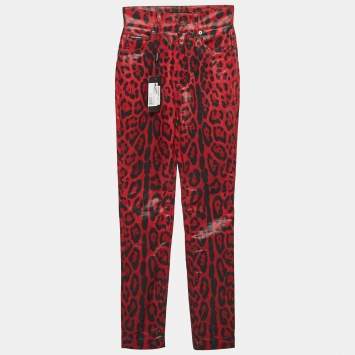 Pre Owned Dolce & Gabbana Red Leopard Print Denim Skinny Jeans S Waist 26"