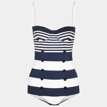 Pre Owned Dolce & Gabbana Navy Blue/White Striped Jersey Swimsuit S