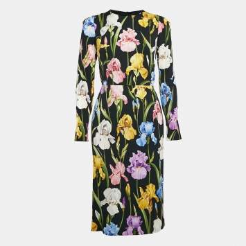 Pre Owned Dolce & Gabbana Black Floral Print Silk Long Sleeve Midi Dress M