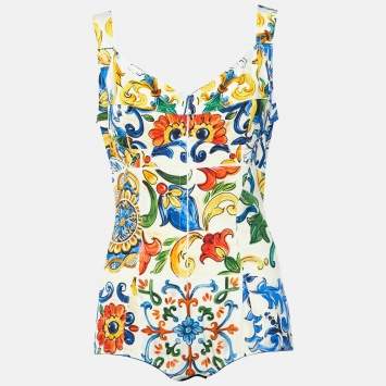 Pre Owned Dolce & Gabbana Multicolor Majolica Print Silk Cotton Bodysuit & Skirt Set L