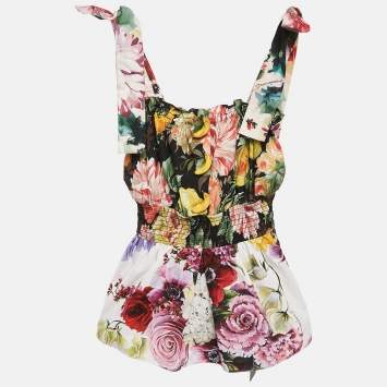 Pre Owned Dolce & Gabbana Multicolor Floral Print Cotton Tie-Up Strap Detail Top XS