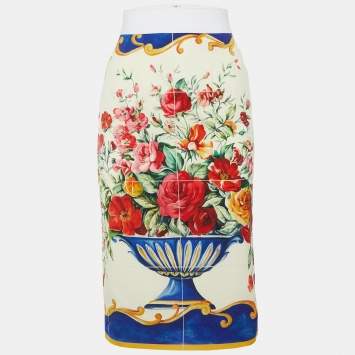 Pre Owned Dolce & Gabbana Ivory Floral Vase Print Silk Midi Skirt S