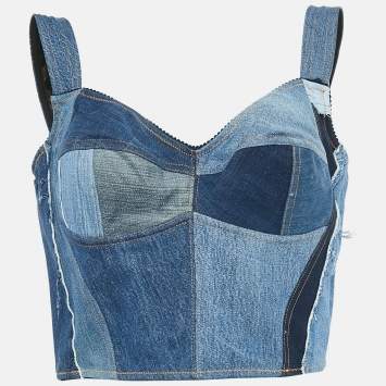 Pre Owned Dolce & Gabbana Blue Patchwork Denim Bustier Top M