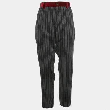 Pre Owned Dolce & Gabbana Grey Striped Wool and Velvet Trim Trousers XL