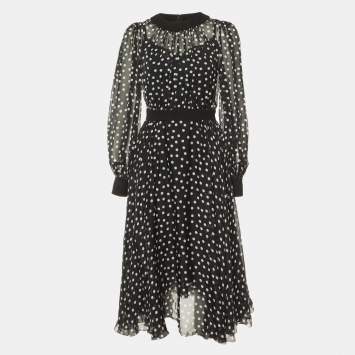 Pre Owned Dolce & Gabbana Black Polka Dotted Silk Chiffon Midi Dress S