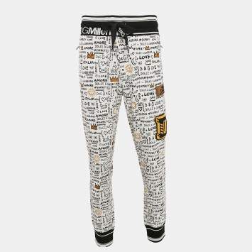 Pre Owned Dolce & Gabbana White Graffiti Print Jersey Cotton Knit Joggers XXL