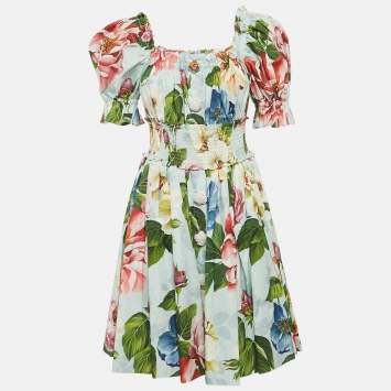 Pre Owned Dolce & Gabbana Blue Floral Print Poplin Embellished Button Mini Dress M