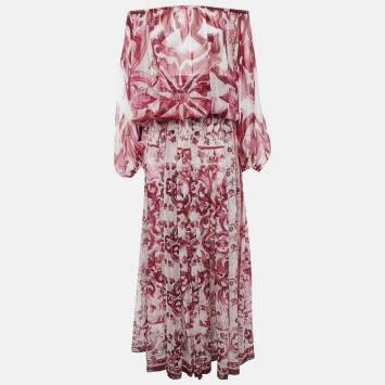 Pre Owned Dolce & Gabbana Pink Majolica Print Silk Top and Skirt Set S