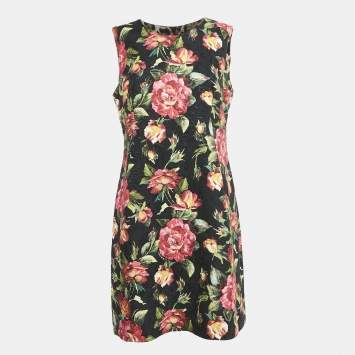 Pre Owned Dolce & Gabbana Black Floral Print Jacquard Cotton Blend Sleeveless Mini Dress L