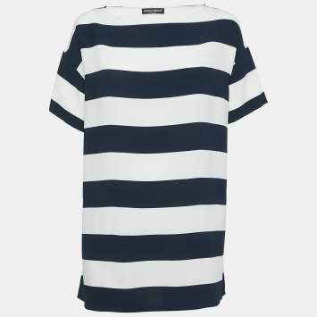 Pre Owned Dolce & Gabbana Blue/White Striped Crepe Oversized Top M