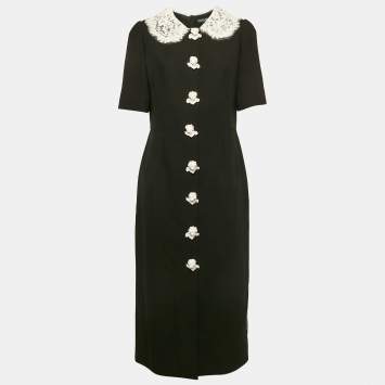Pre Owned Dolce & Gabbana Black Wool Blend Baby Cherub Button Detail Midi Dress L