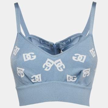 Pre Owned Dolce & Gabbana Blue Logo Intarsia Stretch Knit Bralette Top S