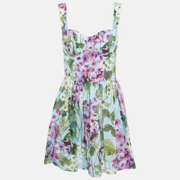 Pre Owned Dolce & Gabbana Blue Bluebell Print Cotton Corset Mini Dress M