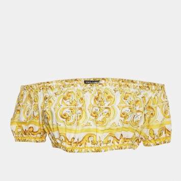 Dolce & Gabbana Yellow Majolica Print Cotton Off-Shoulder Crop Top M
