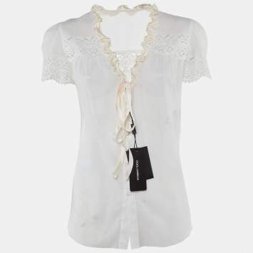 Dolce & Gabbana Off-White Cotton Contrast Trim Top M