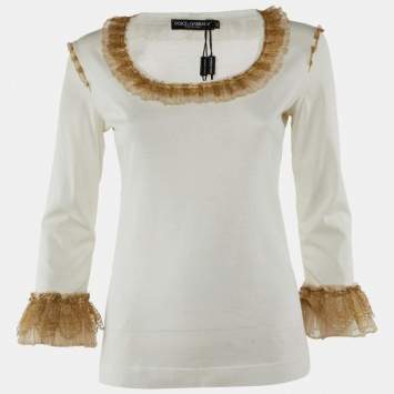 Pre Owned Dolce & Gabbana Off-White Cotton Blend Knit Ruffled Top M