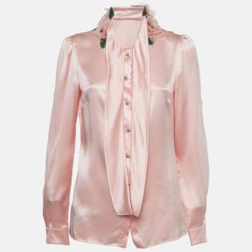 Pre Owned Dolce & Gabbana Pink Satin Silk Floral Detail Button Front Blouse M