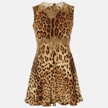 Pre Owned Dolce & Gabbana Brown Leopard Print Silk Lace Trim Mini Dress S
