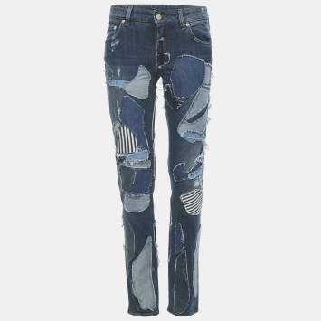 Pre Owned Dolce & Gabbana Blue Patchwork Denim Skinny Jeans S Waist 27"