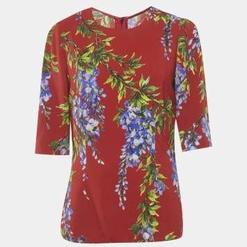 Pre Owned Dolce & Gabbana Red Floral Print Crepe Blouse M