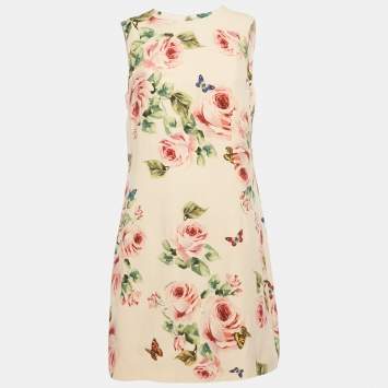 Pre Owned Dolce & Gabbana Pink Rose Print Crepe Sleeveless Shift Dress M