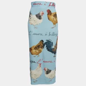 Pre Owned Dolce & Gabbana Blue Chicken Print Crepe Midi Skirt S
