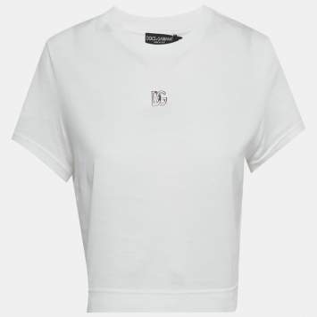 Pre Owned Dolce & Gabbana White Logo Detail Jersey Crop T-Shirt M