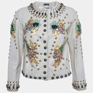 مملوكة مسبقًا Dolce & Gabbana Beige Crystal Embellished Leather Jacket S