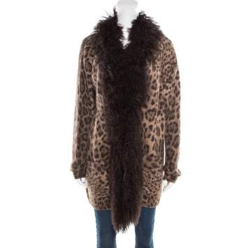 Pre Owned Dolce & Gabbana Brown Wool and Mohair Animal Printed Lamb Fur Trim Detail Jacket M
